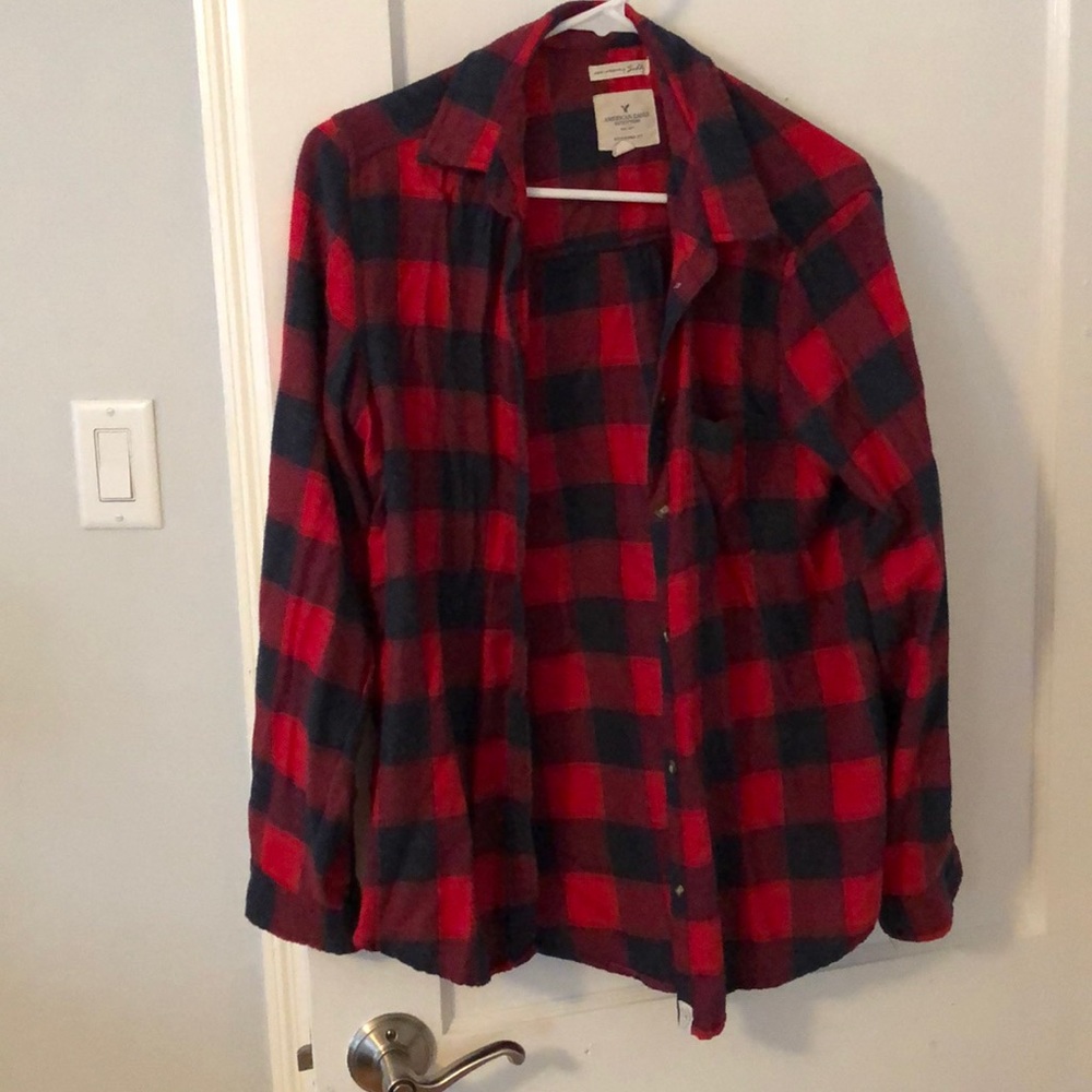 Dark blue and red AEO flannel button down shirt